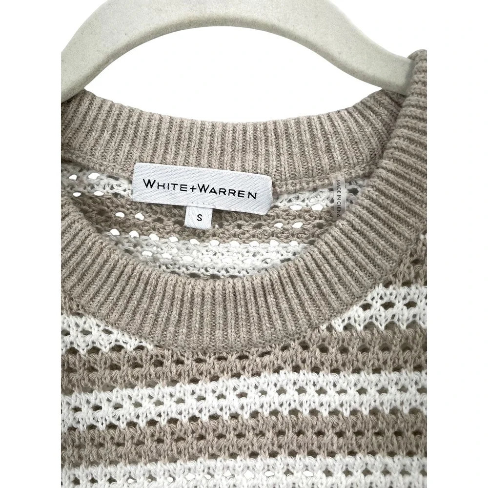 White + Warren striped knit cotton linen sweater‎ Size S tan white crochet boho